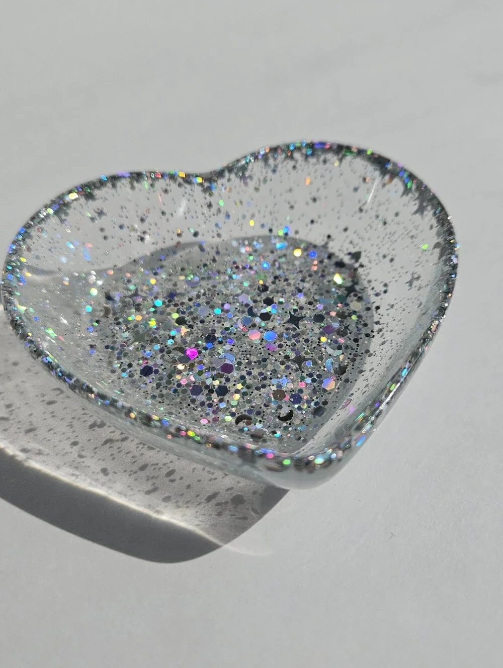 Handmade Holographic Silver Glitter Mini Heart Resin Dish Princess Fairycore Tra